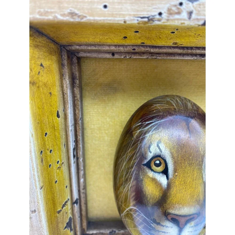African hand painted lions face on stone egg framed signed Searcy rustic
